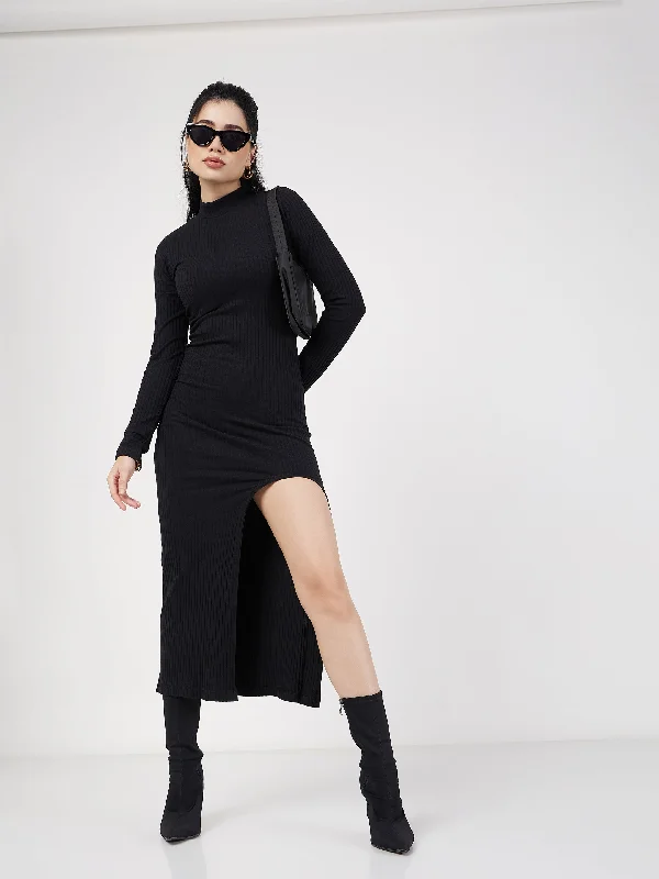 Lyush Women Black Rib Turtle Neck Front Slit Dress