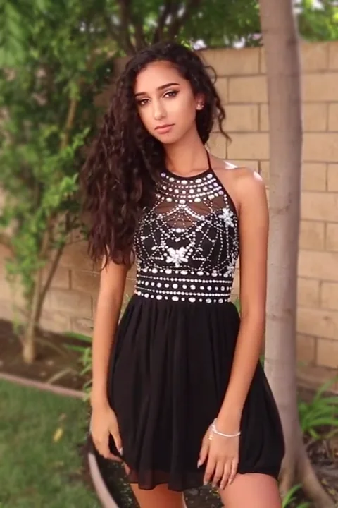 Rhinestones Halter Chiffon Black Homecoming Dress Backless