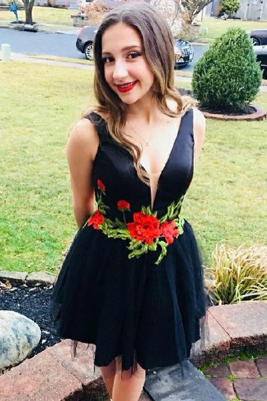 Fit & Flare Little Black Floral Homecoming Dress DMO33
