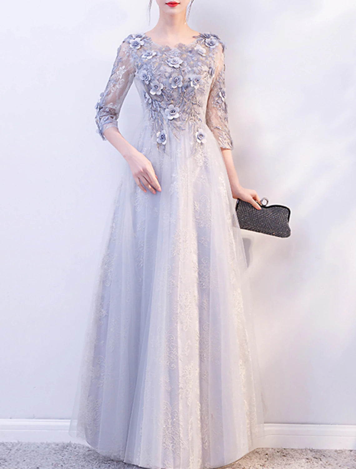 A-Line Evening Gown Floral Dress Wedding Guest Formal Evening Floor Length 3/4 Length Sleeve Jewel Neck Tulle with Appliques A-Line Evening Gown Floral Dress Wedding Guest Formal Evening Floor Length 3/4 Length Sleeve Jewel Neck Tulle with Appliques