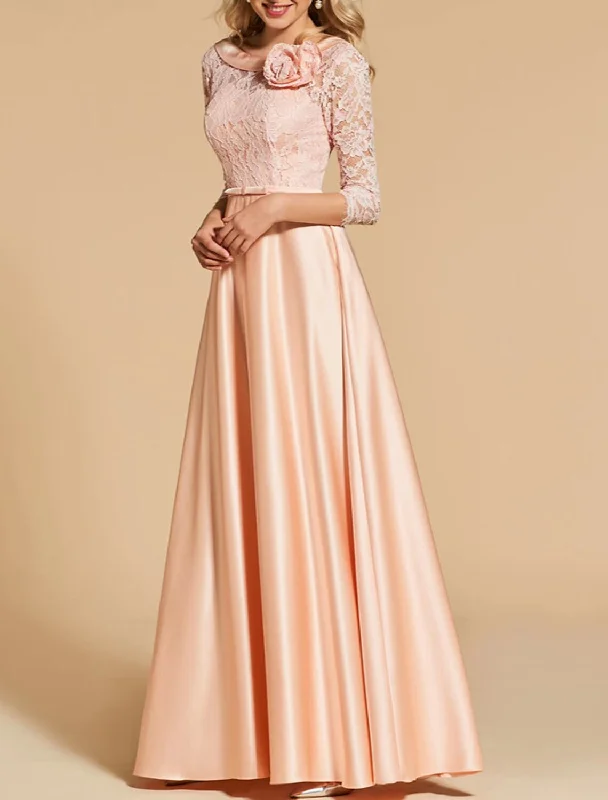 A-Line Evening Gown Open Back Dress Formal Wedding Guest Floor Length 3/4 Length Sleeve Jewel Neck Satin with Bow(s) Buttons Shouder Flower A-Line Evening Gown Open Back Dress Formal Wedding Guest Floor Length 3/4 Length Sleeve Jewel Neck Satin with Bow(s) Buttons Shouder Flower