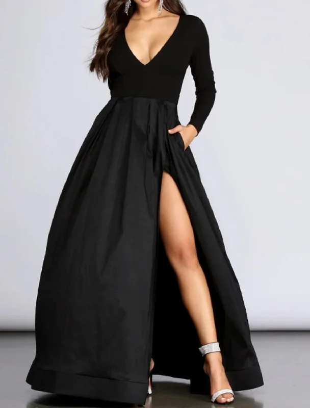 Ball Gown Elegant High Split Prom Formal Evening Dress V Neck Long Sleeve Floor Length Spandex with Pleats Slit