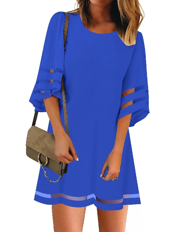 Lapis Blue Women Casual Crewneck Mesh Panel 3/4 Bell Sleeve Loose Tunic Dress