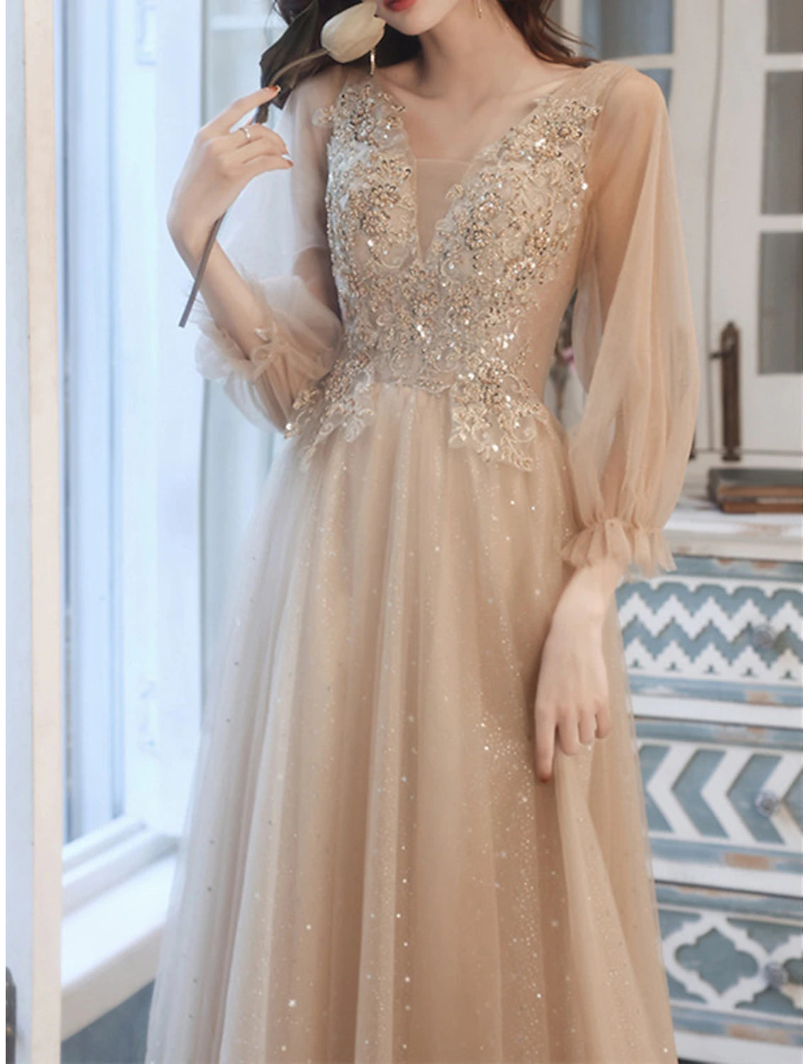 A-Line Sparkle Elegant Prom Formal Evening Birthday Dress V Neck 3/4 Length Sleeve Tea Length Tulle with Sequin Appliques A-Line Sparkle Elegant Prom Formal Evening Birthday Dress V Neck 3/4 Length Sleeve Tea Length Tulle with Sequin Appliques