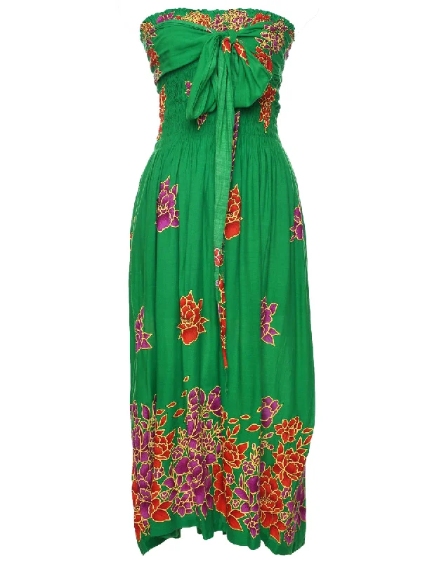 Smocked Floral Pattern Dress - S