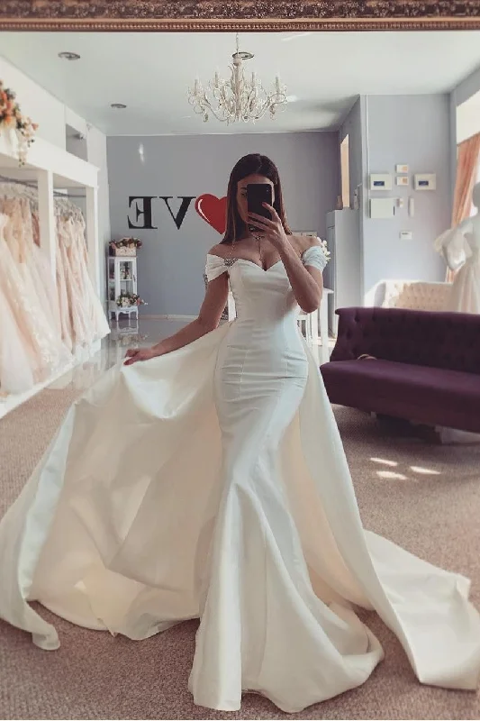 Off-the-shoulder Mermaid Satin Weding Dress with Attached Train