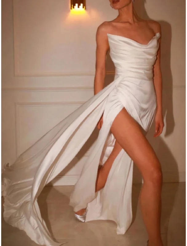 A-Line Evening Gown Elegant Dress Formal Sweep / Brush Train Sleeveless Strapless Satin with Pleats Ruched Slit A-Line Evening Gown Elegant Dress Formal Sweep / Brush Train Sleeveless Strapless Satin with Pleats Ruched Slit