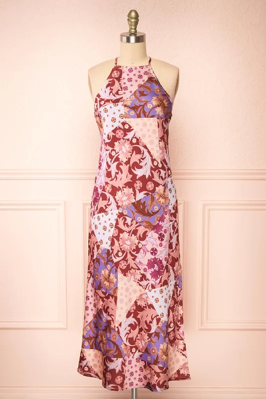 Kenaka Mauve | Floral Satin Midi Halter Dress