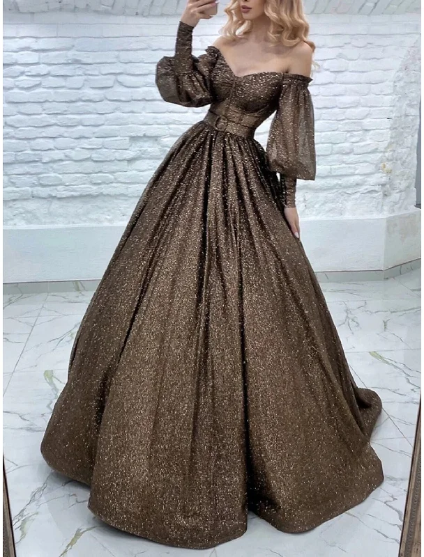 A-Line Evening Gown Elegant Dress Formal Court Train Long Sleeve Off Shoulder Lurex Fabric with Pleats Strappy A-Line Evening Gown Elegant Dress Formal Court Train Long Sleeve Off Shoulder Lurex Fabric with Pleats Strappy