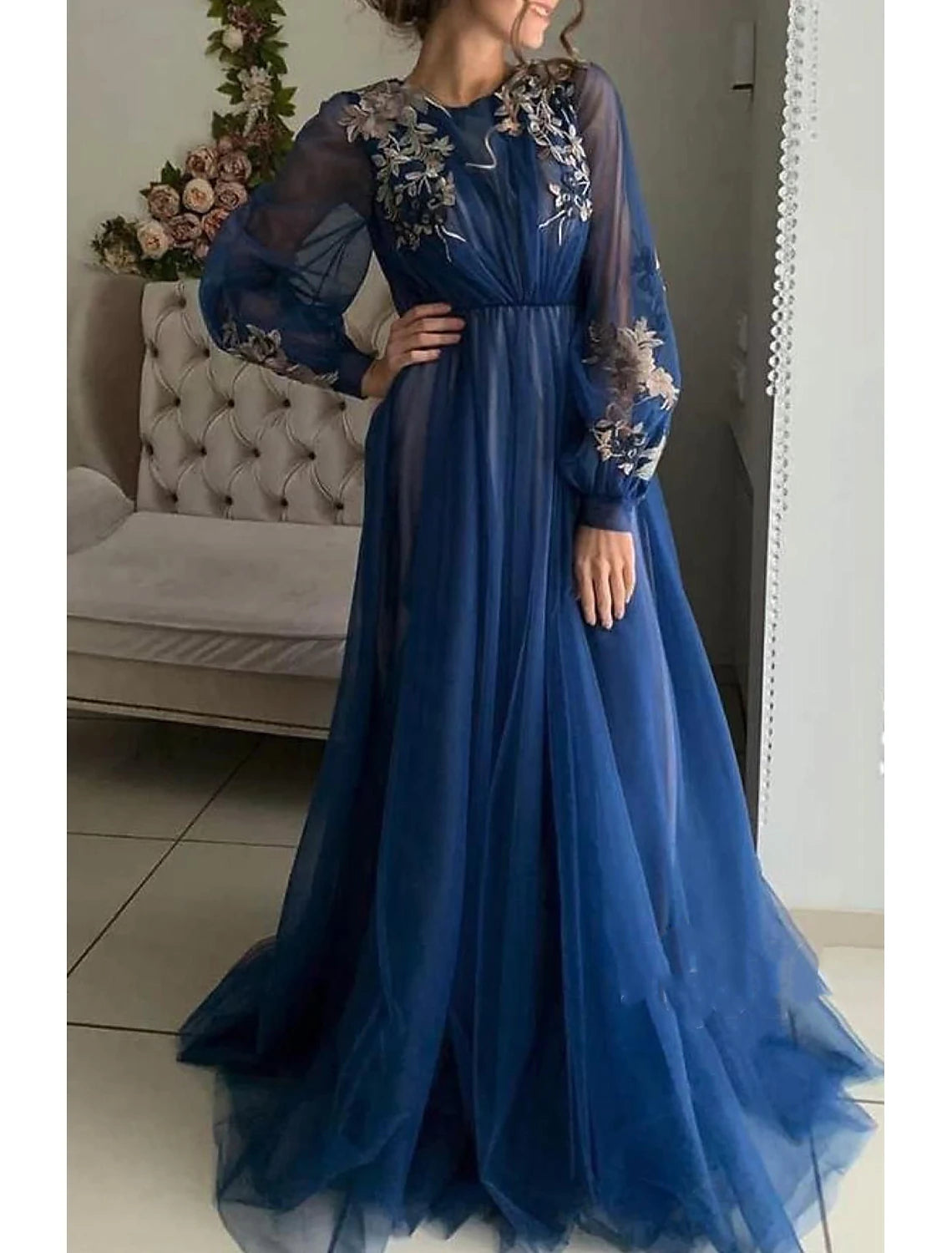 A-Line Evening Gown Floral Dress Wedding Guest Birthday Sweep / Brush Train Long Sleeve Jewel Neck Tulle with Embroidery A-Line Evening Gown Floral Dress Wedding Guest Birthday Sweep / Brush Train Long Sleeve Jewel Neck Tulle with Embroidery