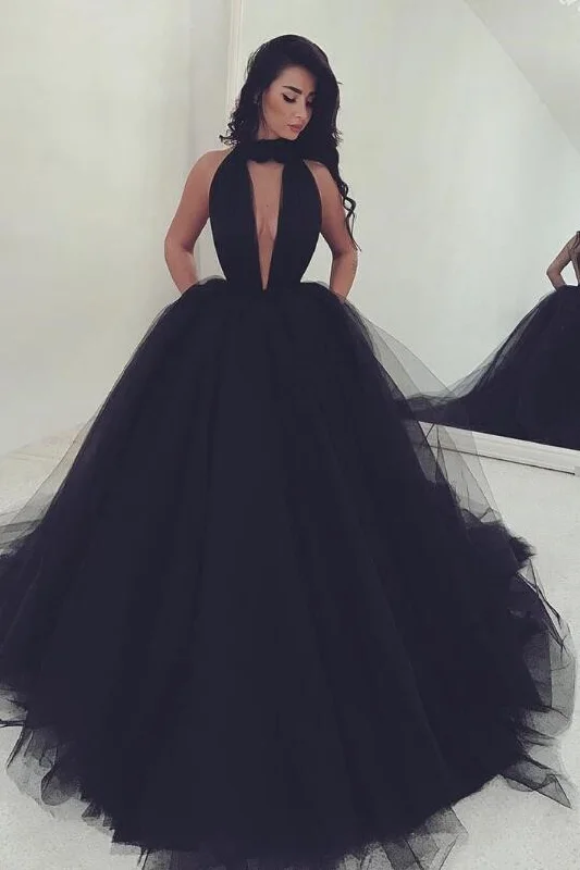 Plunging V-neck Black Tulle Prom Dress Ball Gown
