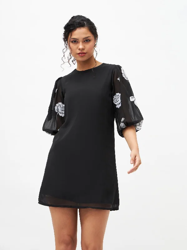 Lyush Women Black Floral Embroidered Puff Sleeves Dress