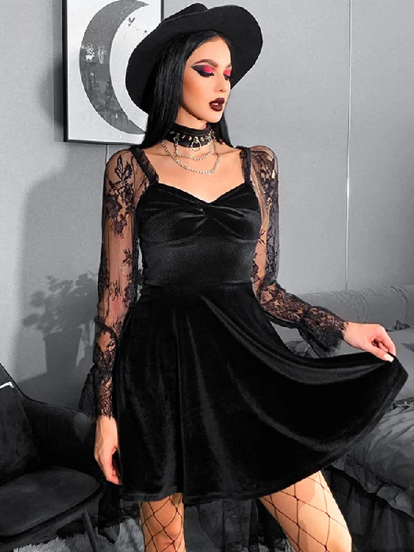 Velvet Lace Lantern Sleeve Twisted 40s 50s Retro V Neck Backless Bodycon Goth Dress