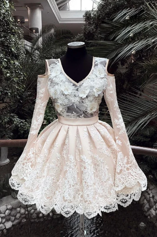 V Neck Lace Short Prom Dress, Long Sleeves Homecoming Dress DMP31