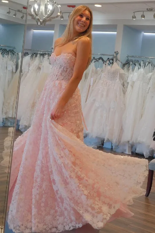 Cute Pink Flowers Lace  A-Line Long Prom Dresses