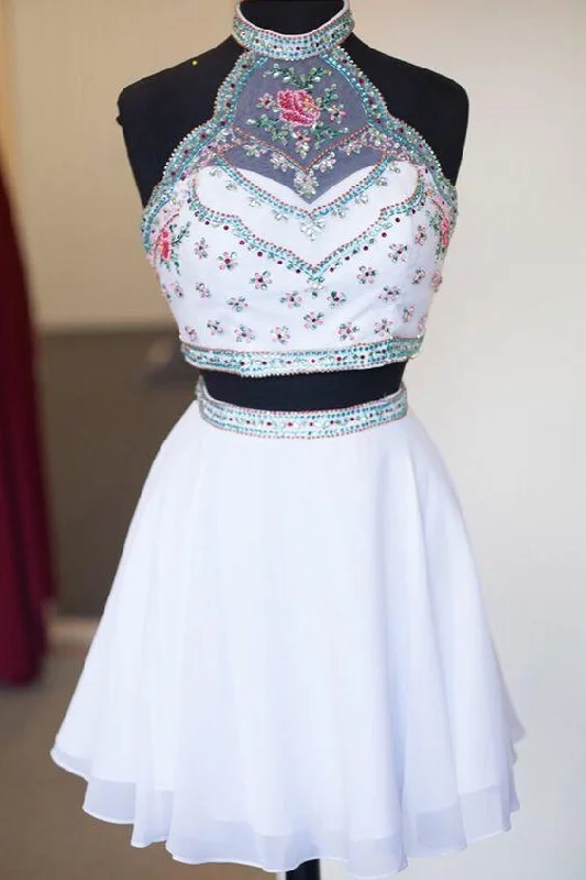 High Neck Two Piece Homecoming Dress, Short White Floal Homecoming Dresses DMO70