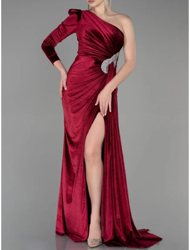 A-Line Evening Gown Christmas Elegant Dress Formal Sweep / Brush Train Long Sleeve One Shoulder Velvet with Glitter Pleats Ruched A-Line Evening Gown Christmas Elegant Dress Formal Sweep / Brush Train Long Sleeve One Shoulder Velvet with Glitter Pleats Ruched
