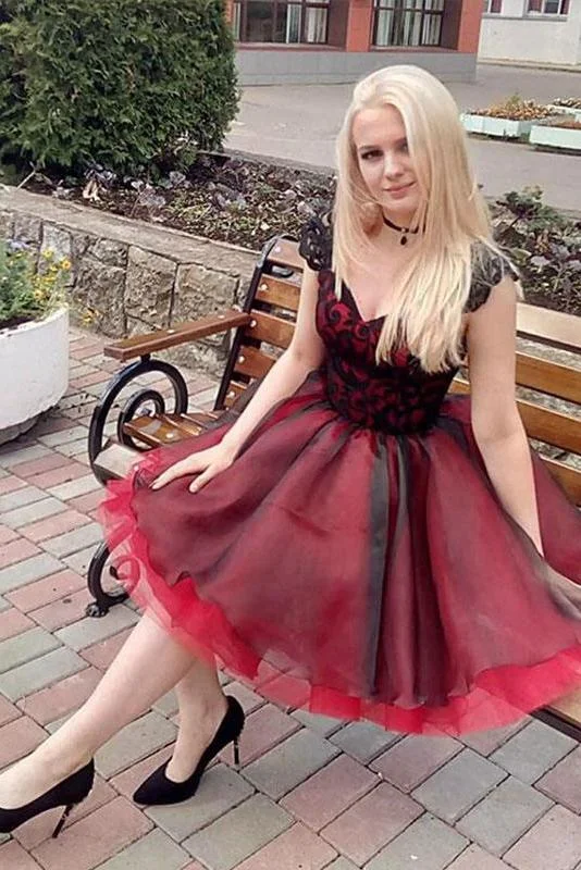 Cap Sleeves Black Lace Appliques Red Homecoming Dress DMO31