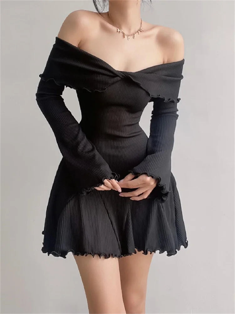 FashionSierra - Black Knit Women Off-Shoulder Loose Slim Fashion Ribbed Dress Knitwear Clothes Female Casual Dress FashionSierra - Black Knit Women Off-Shoulder Loose Slim Fashion Ribbed Dress Knitwear Clothes Female Casual Dress