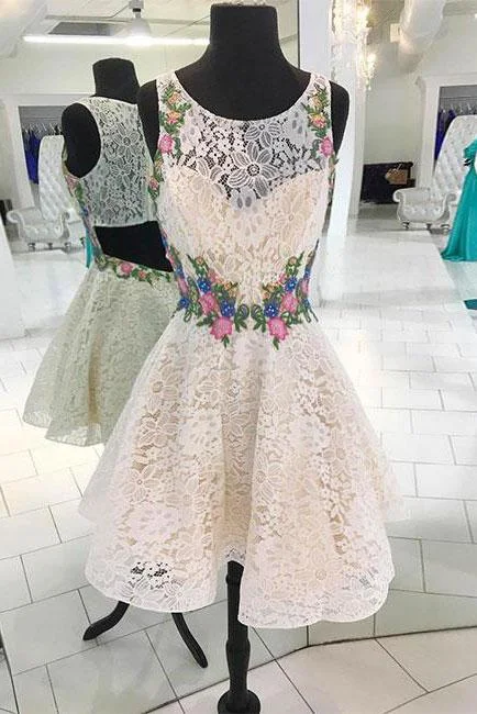 White Lace Short Prom Dress, Floral Appliques homecoming dress DMP60