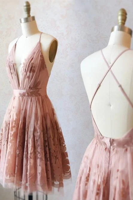 Spaghetti Straps Short Pink Homecoming Dress Criss Cross Back DMO75