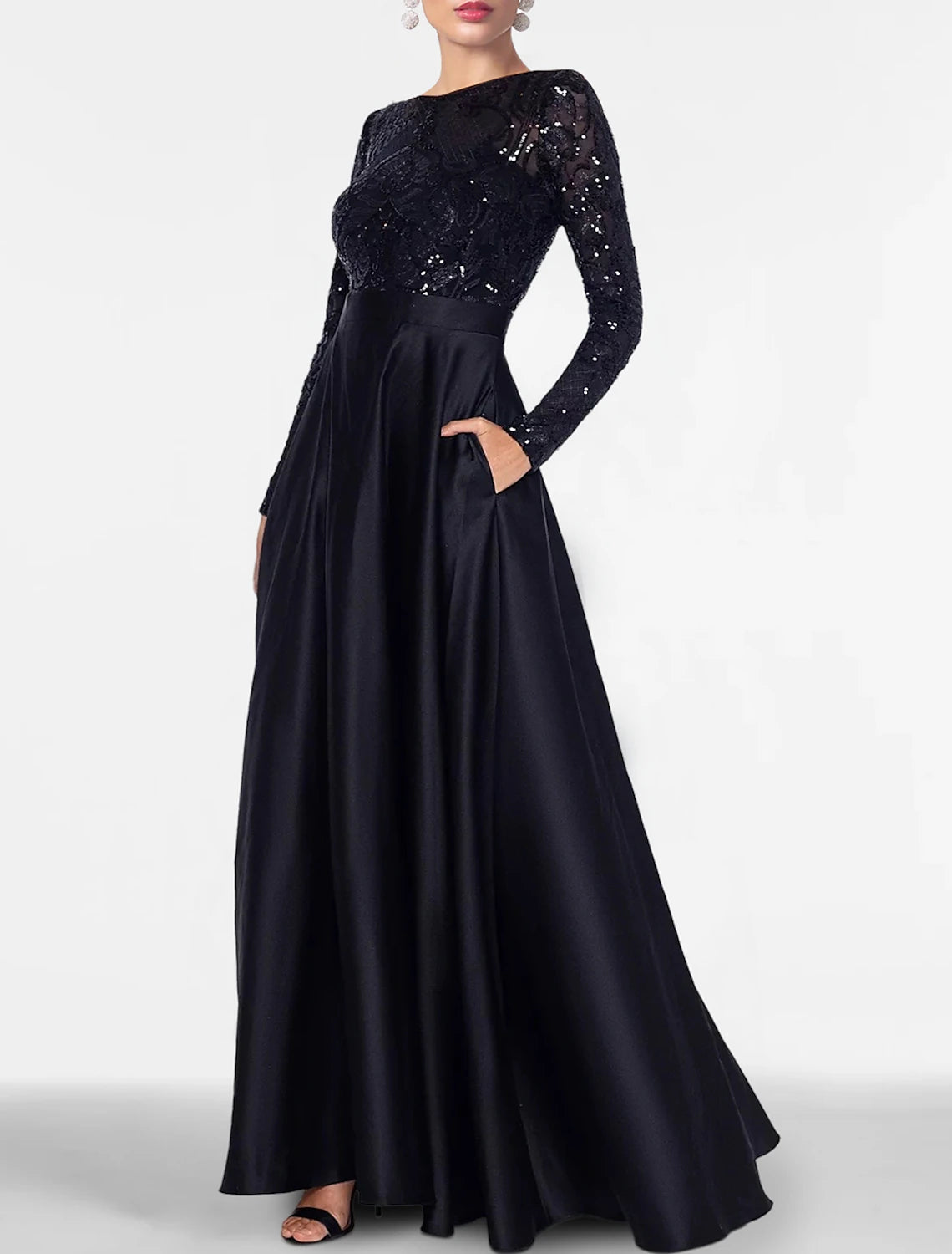 A-Line Evening Gown Elegant Dress Formal Black Tie Floor Length Long Sleeve Off Shoulder Fall Wedding Guest Satin with Slit Pocket A-Line Evening Gown Elegant Dress Formal Black Tie Floor Length Long Sleeve Off Shoulder Fall Wedding Guest Satin with Slit Pocket