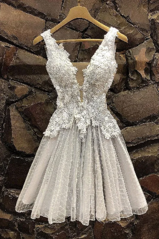 Gray Tulle Lace Short Prom Dress, V Neck Homecoming Dress DMP32