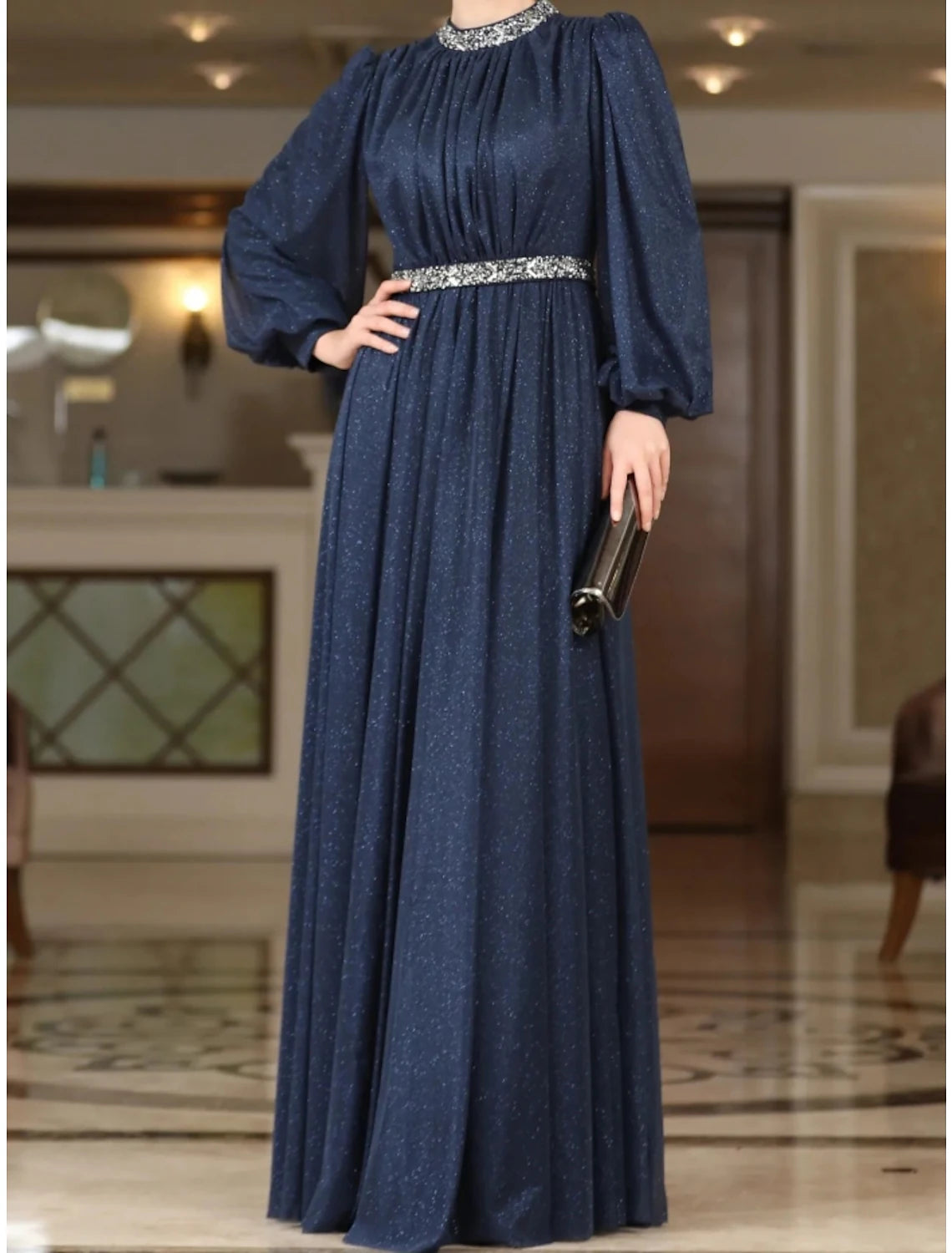 A-Line Evening Gown Elegant Dress Formal Floor Length Long Sleeve Jewel Neck Lurex Fabric with Rhinestone Pleats A-Line Evening Gown Elegant Dress Formal Floor Length Long Sleeve Jewel Neck Lurex Fabric with Rhinestone Pleats