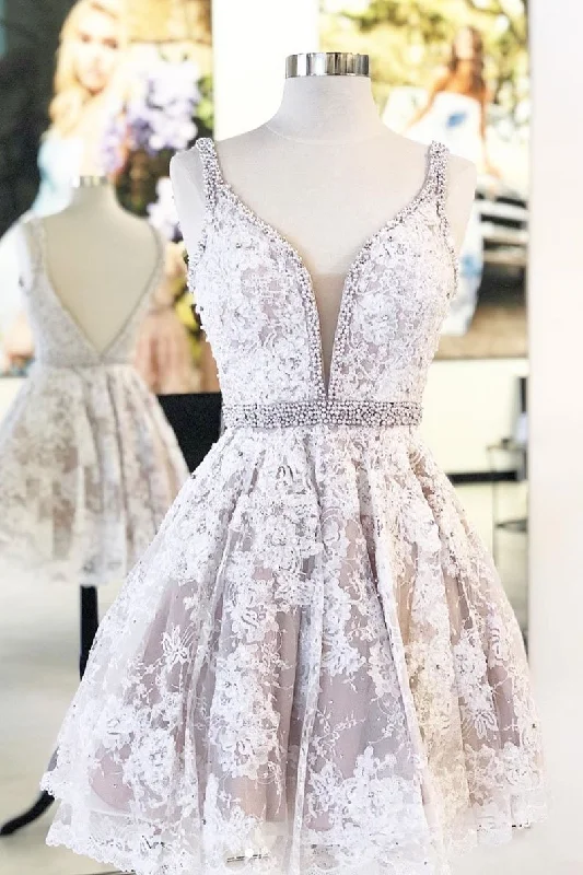Cute V Neck Lace Short Prom Dress Beaded A Line Homecoming Dress DMP40