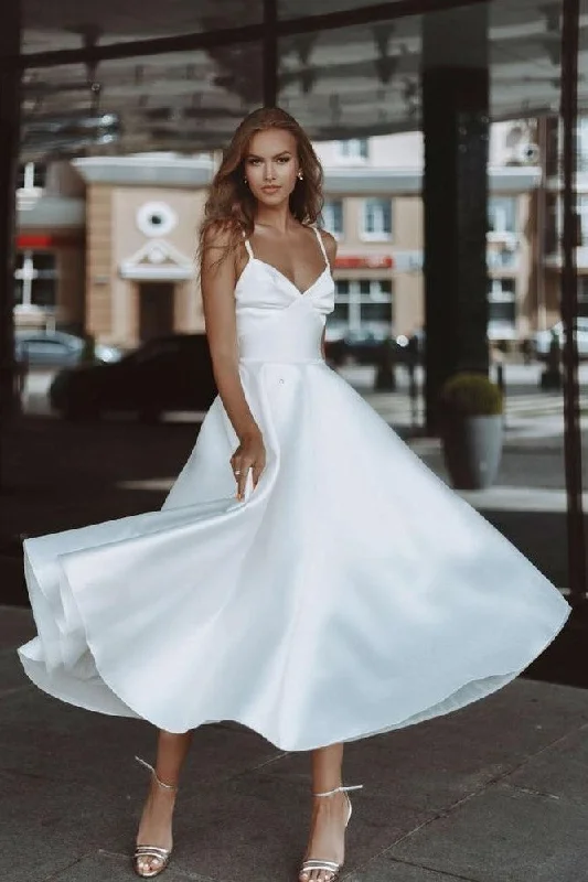 Plain Satin Midi-length Bride Dresses with Pockets