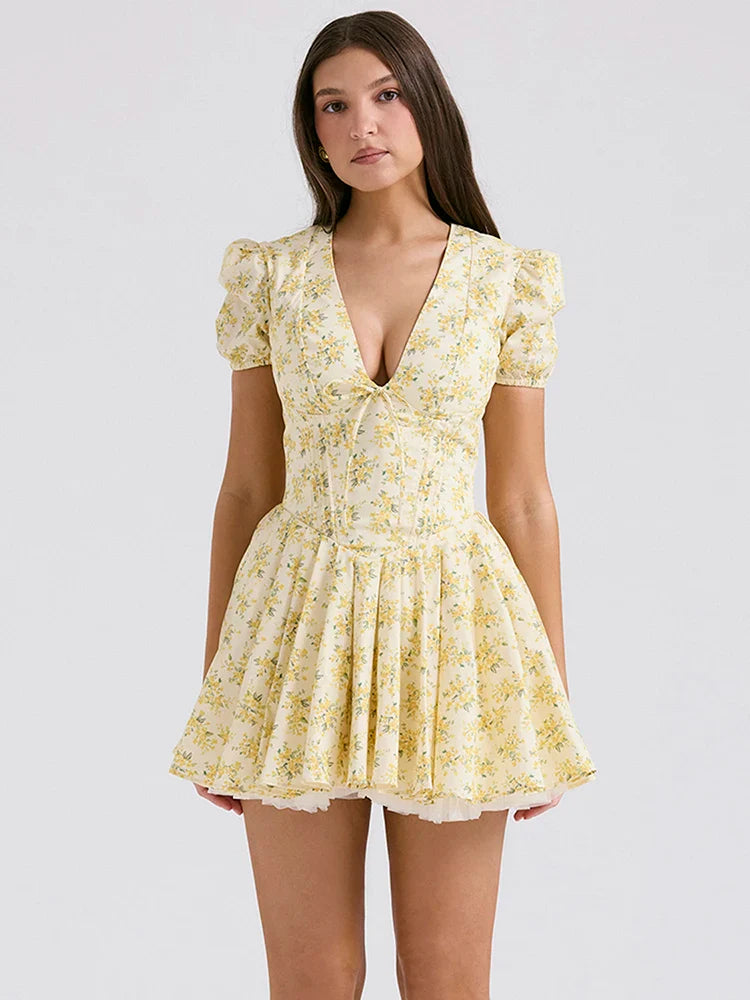 FashionSierra - Vintage Print Yellow A-line Pleated Dress Floral Dress