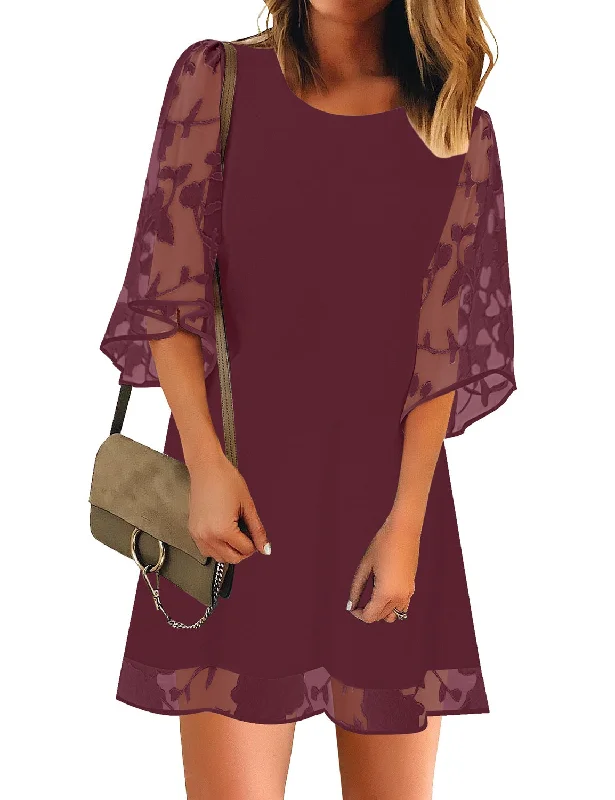 3/4 Sleeve Dress for Women Shift Cute Summer Tunic Floral Lace Dresses