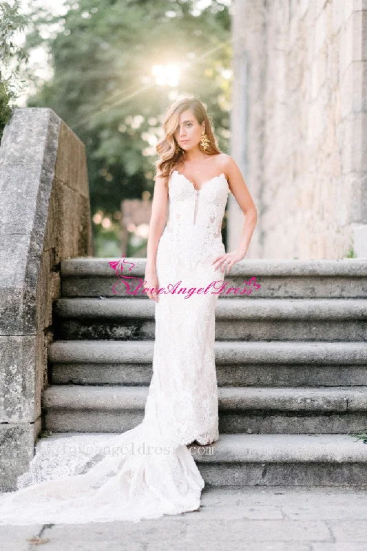 Plunging Neckline Slim Lace Dresses Wedding with Corset Back