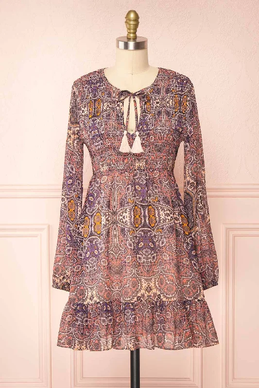 Kissiae | Short Paisley Patterned Chiffon Dress