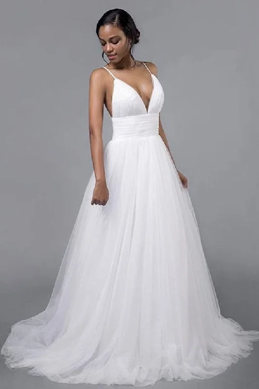 Pleated Tulle Wedding Bridal Dresses with Spaghetti Straps