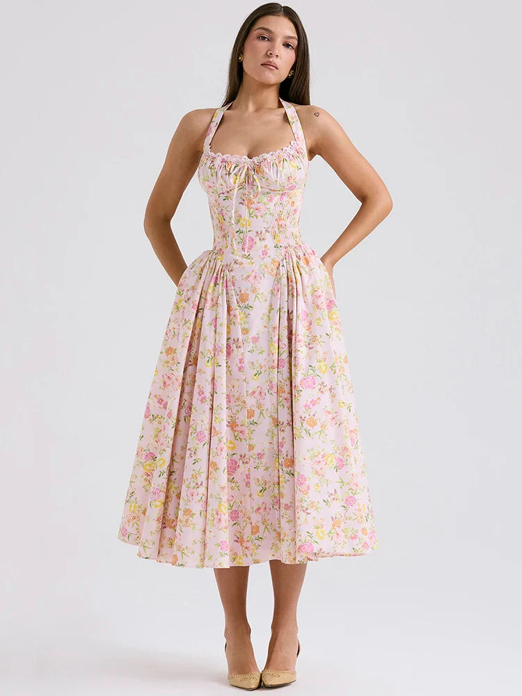 FashionSierra - Vintage Halter Sleeveless Backless A-line Floral Dress