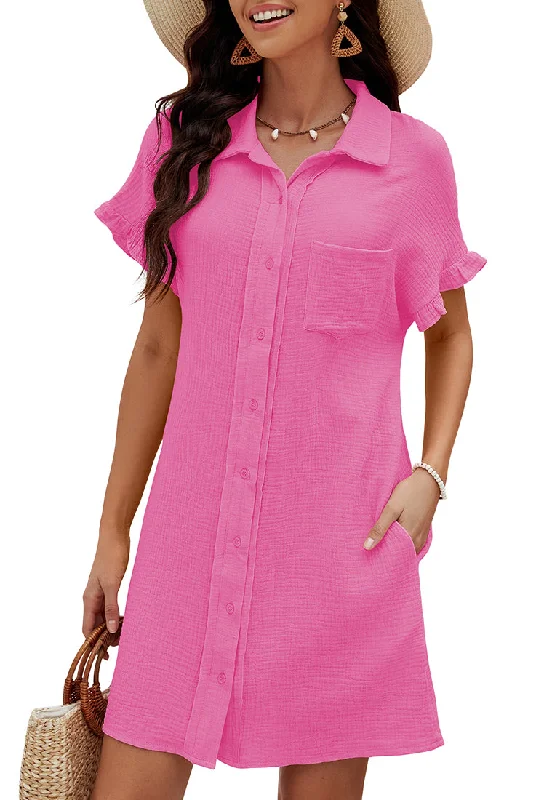 Hot Pink Women's Beach Cover Up Dress Button Down Shirt Ruffle Sleeves Dresses Casual Summer With Pockets Hot Pink Women's Beach Cover Up Dress Button Down Shirt Ruffle Sleeves Dresses Casual Summer With Pockets