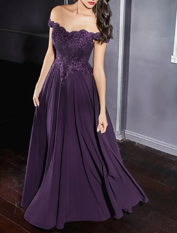 A-Line Evening Gown Formal Dress Purple Floor Length Sleeveless Off Shoulder Chiffon with Pleats Appliques A-Line Evening Gown Formal Dress Purple Floor Length Sleeveless Off Shoulder Chiffon with Pleats Appliques