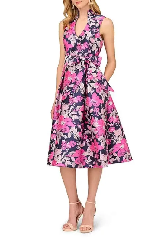 Aidan Mattox MD1E208159 - Floral Print Collared V-Neck Evening Dress Tunics Denim casual