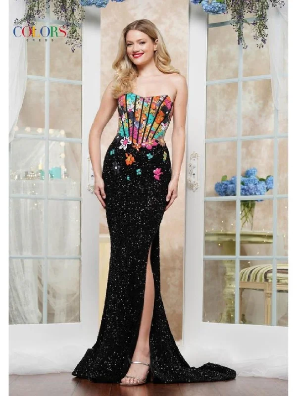 Colors 3561 Formal Long Fitted Slit Prom Evening Dress Glittery Long Formal