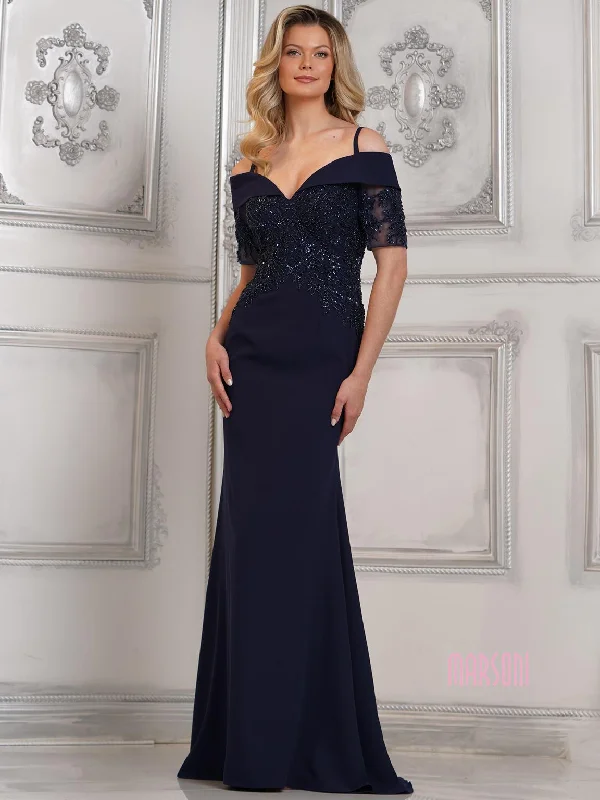 Marsoni MV1295 Fitted Long Formal Beaded Evening Dress Turtleneck Neckline Stylish