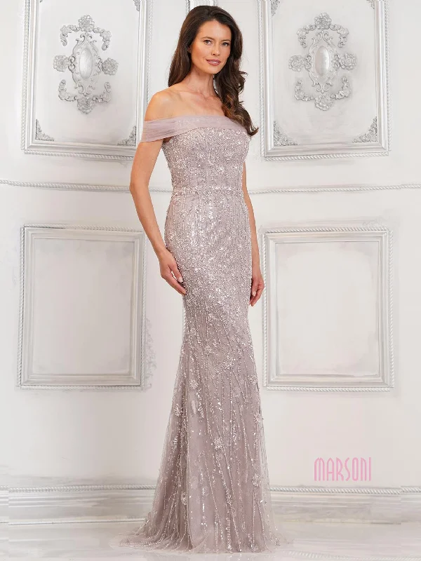 Marsoni MV1301 Fitted Long Formal Beaded Evening Dress Square Neckline Feminine