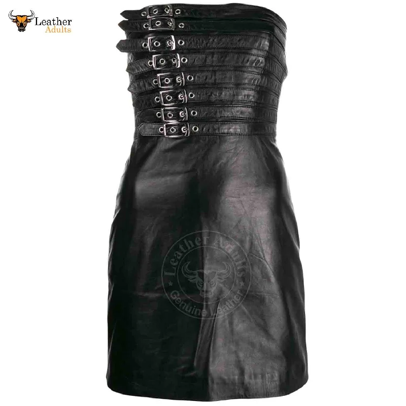 Womens Real Black Leather Hot Party Dress Casual Wear Buckle Dress Frock Skirts Pencil Length Work