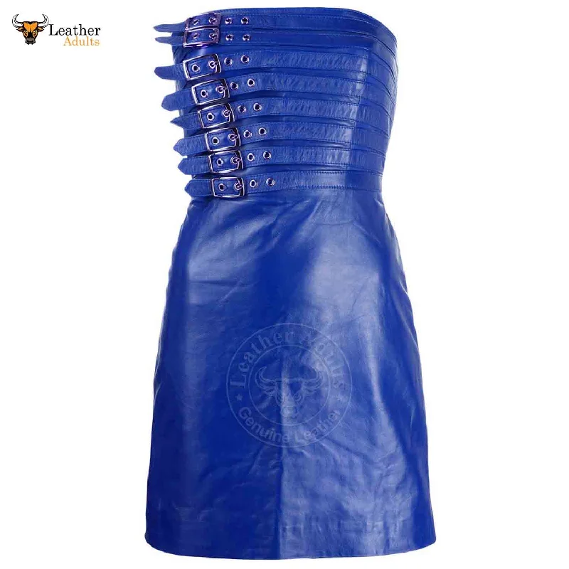 Womens Real Blue Leather Hot Party Dress Casual Wear Buckle Dress Frock Skirts Shift Classic Vintage