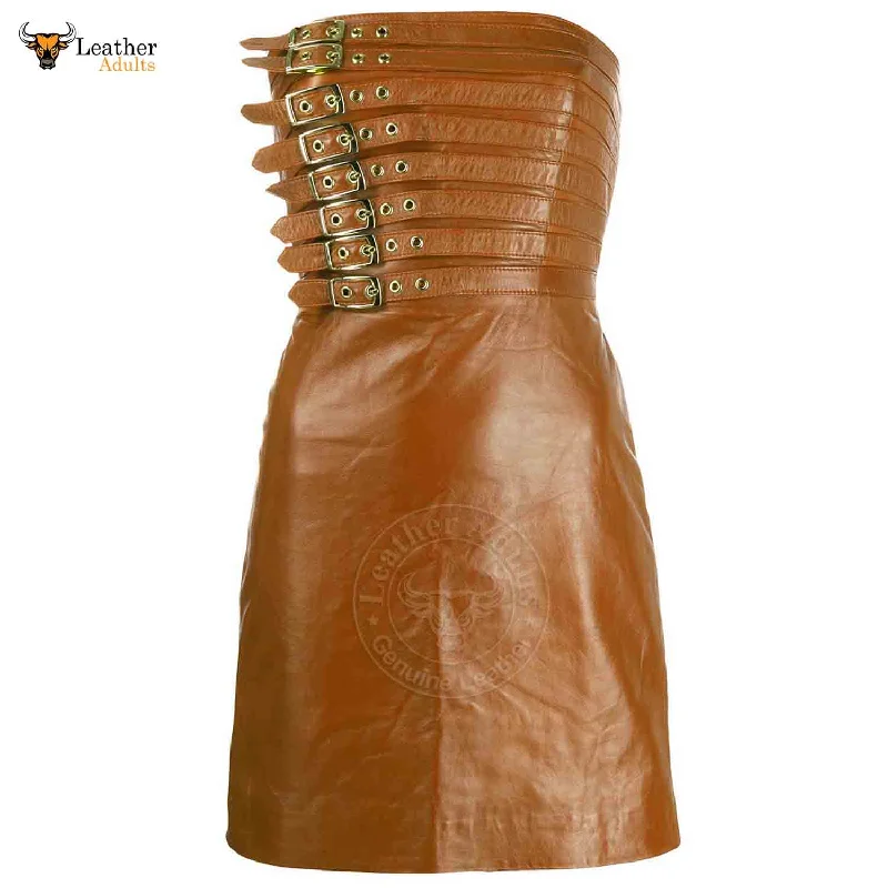 Womens Real Brown Leather Hot Party Dress Casual Wear Buckle Dress Frock Skirts empire Waist empire