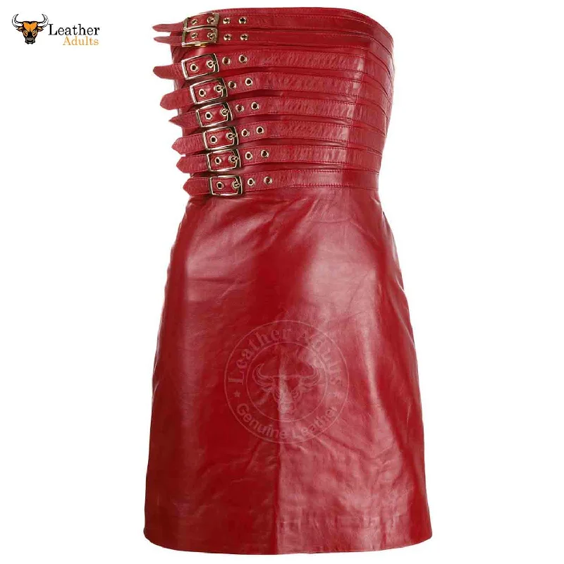 Womens Real Red Leather Hot Party Dress Casual Wear Buckle Dress Frock Skirts A-Line Day Work