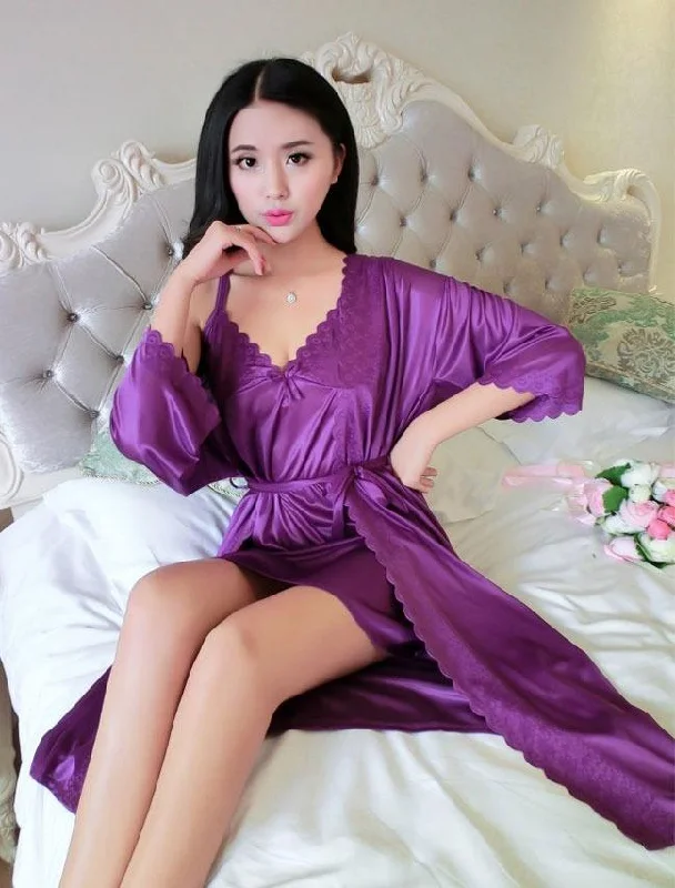 2 Pcs Satin Short Night Dress & Full Sleeves Robe - Purple Tunics Plaid country