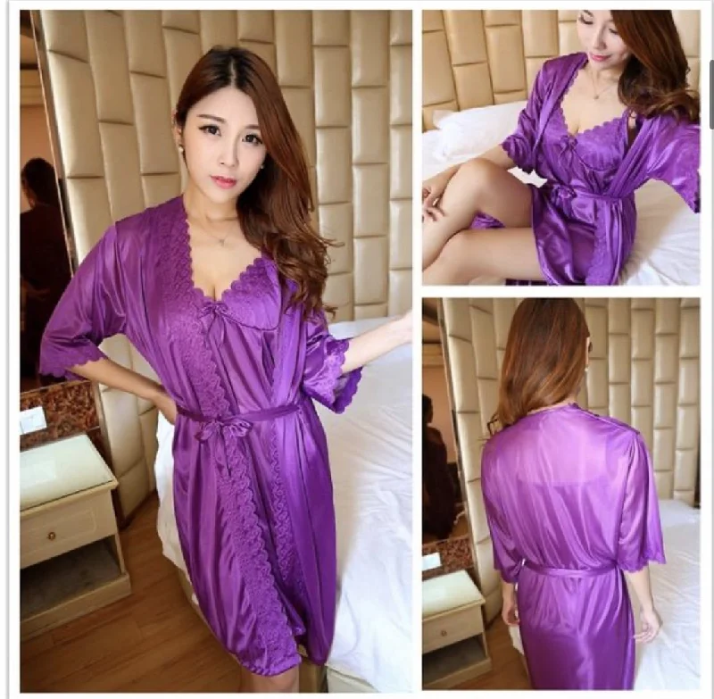 Short Night Dress & Full Sleeves Robe - Purple - Satin Turtleneck Neckline Stylish