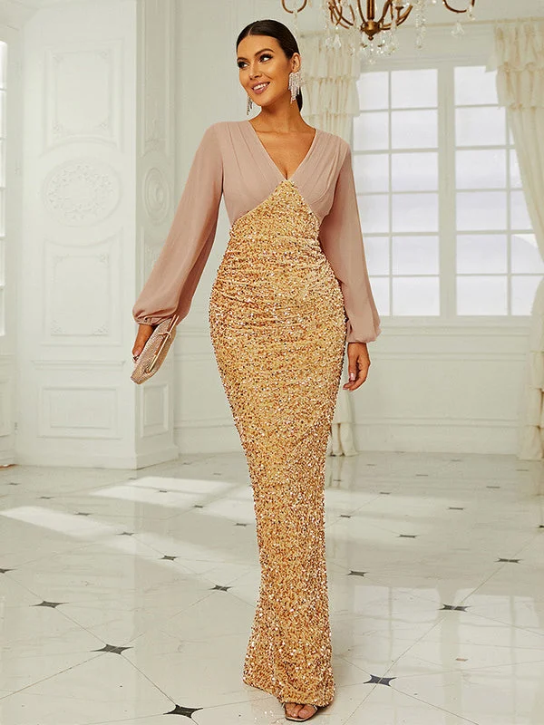 Temperament Wedding V-neck Long-sleeved Sequined Party Bag Hip Fishtail Evening Dress Tunics Bridal satin