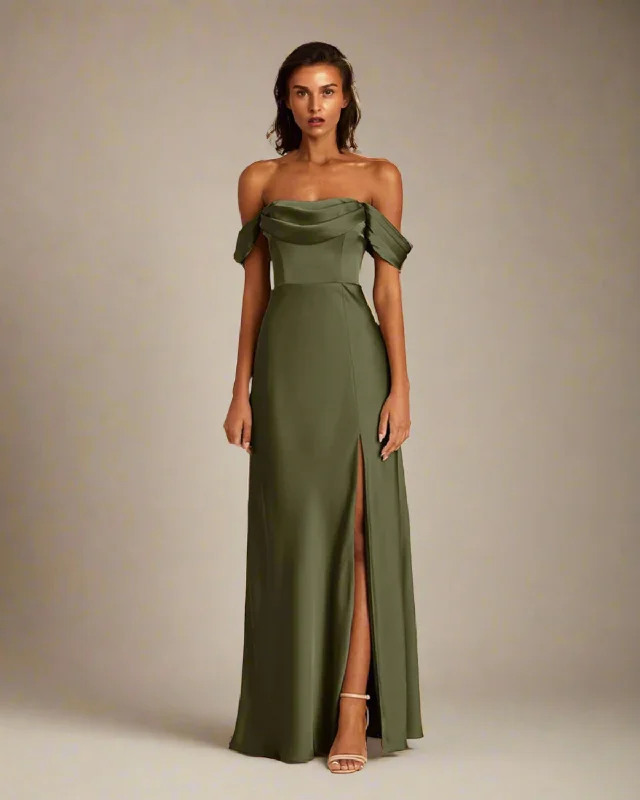 Brittany Olive Green Satin Bardot Long Evening Dress Tunics Bestseller popular